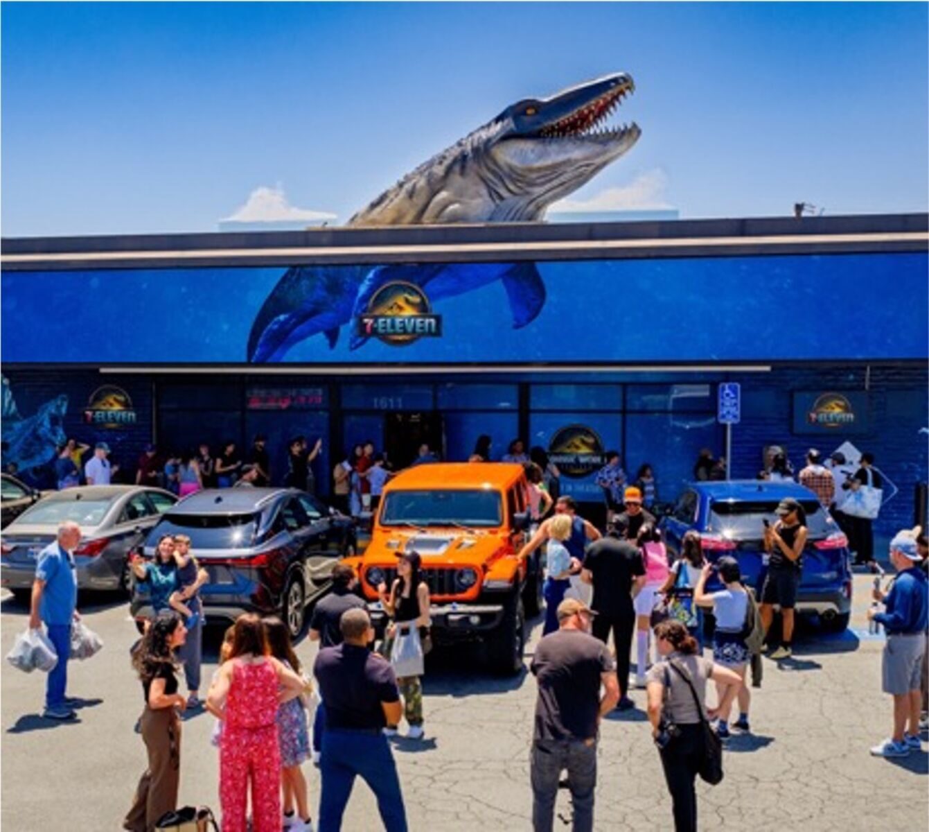 7-Eleven store transformed into a Jurassic World experience with dinosaur
